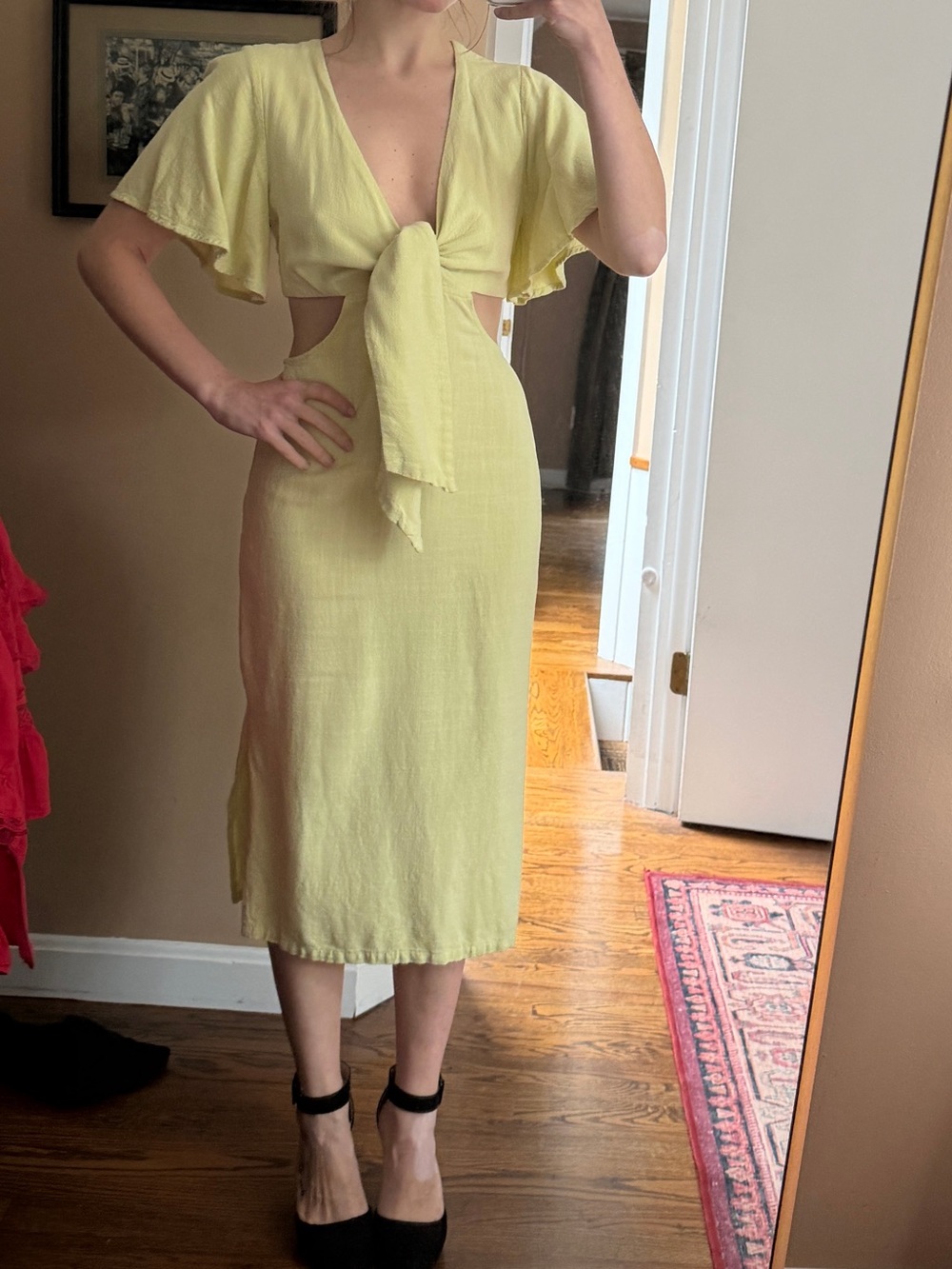 Lulu's Lemon Tie-Front Cutout Midi Dress, size XS